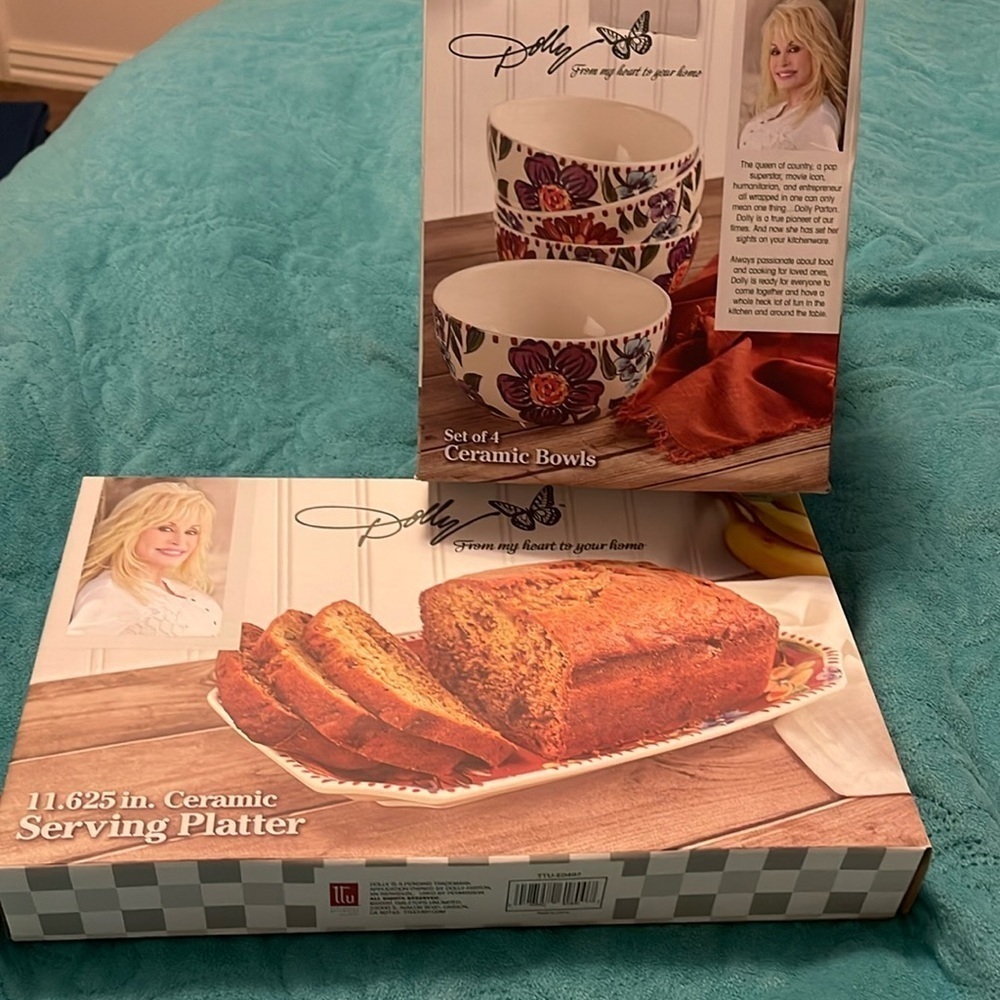 Dolly Parton ceramic 11.625" Serving Platter & set of 4 bowls 6" x 2.625" NEW‎